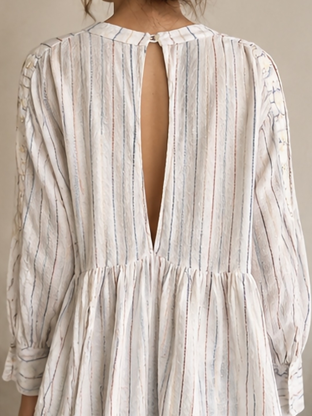 Free People Small Striped Boho Blouse – Open Back, Button Sleeve, Peplum Hem